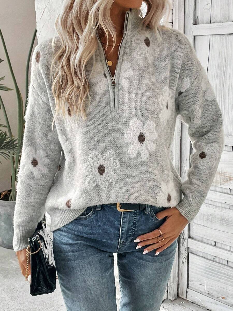 Losse half zip trui dames met geborduurde bloemen - afbeelding 4