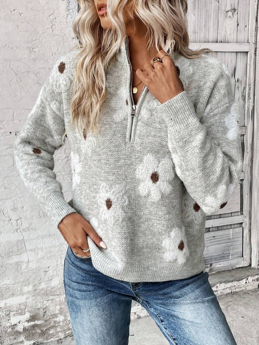 Losse half zip trui dames met geborduurde bloemen - afbeelding 5