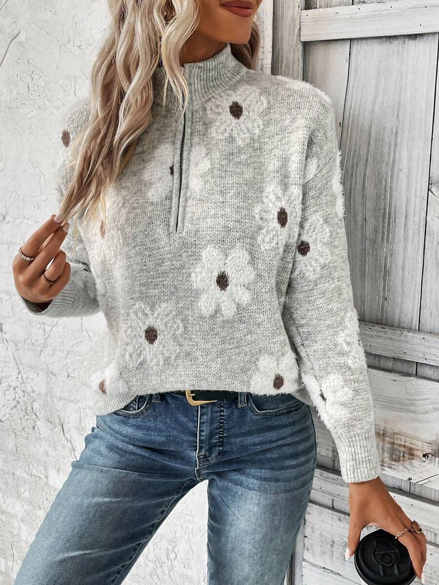 Losse half zip trui dames met geborduurde bloemen - afbeelding 6