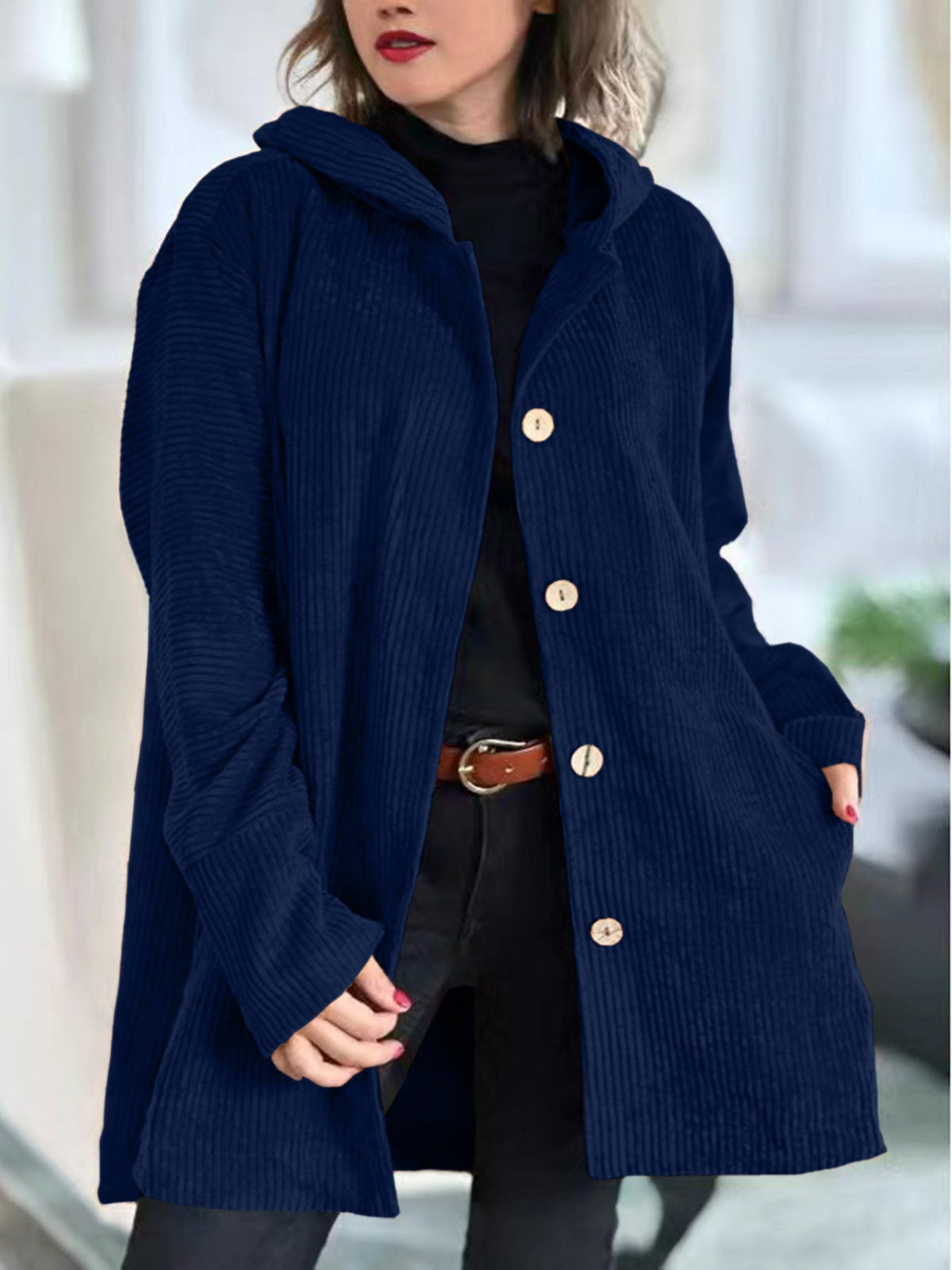 Losse ribcord jas dames, marineblauw - afbeelding 7