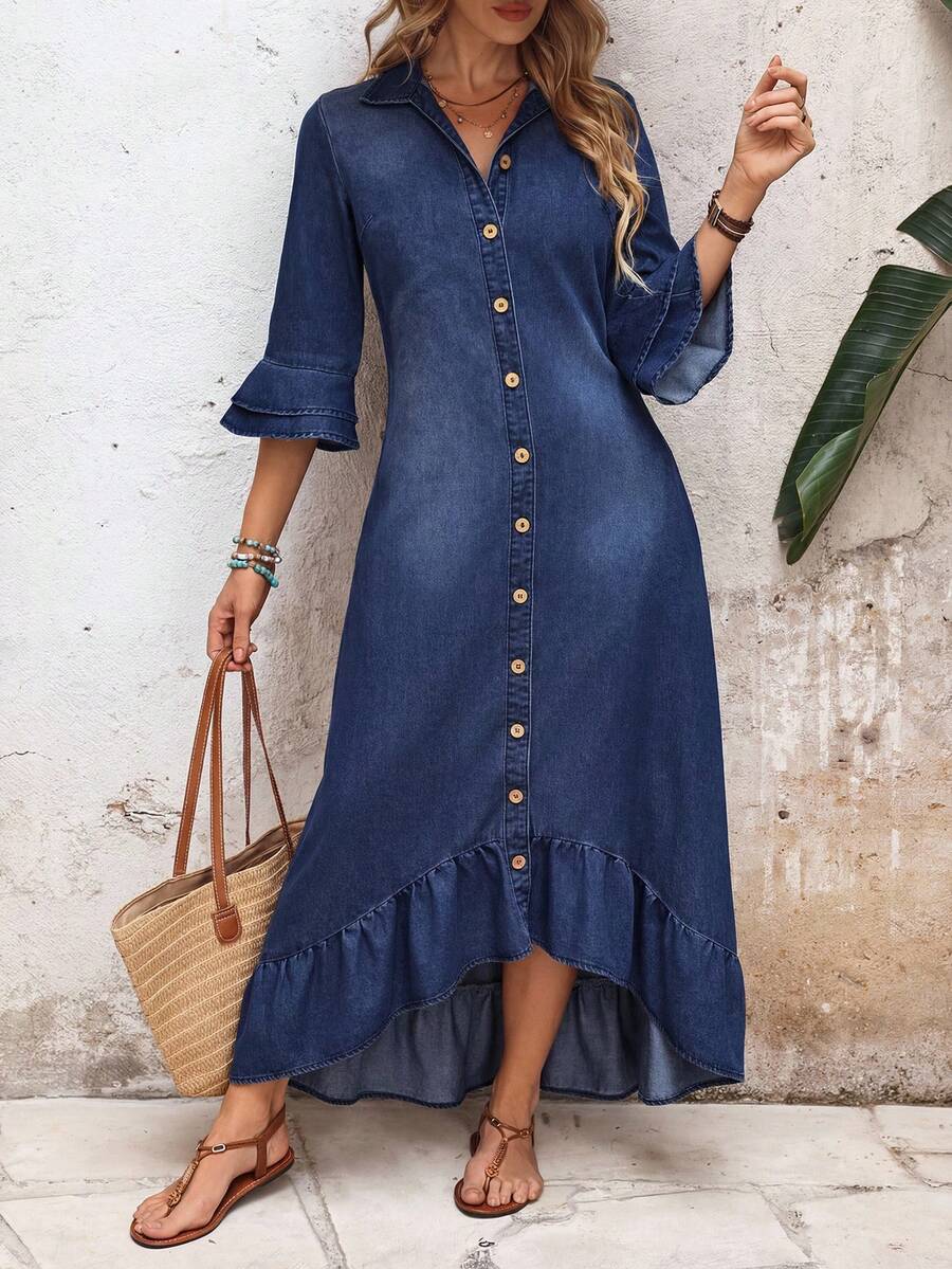 Maxi blousejurk dames, marineblauw - afbeelding 10