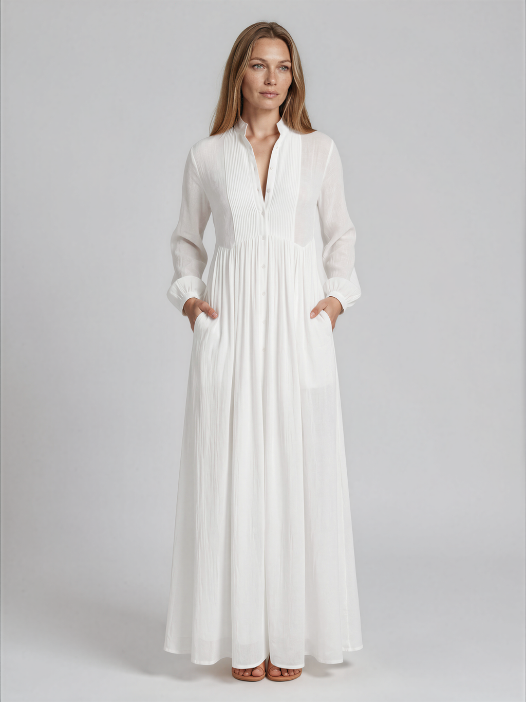 Maxi blousejurk dames met lange mouwen, wit - afbeelding 1