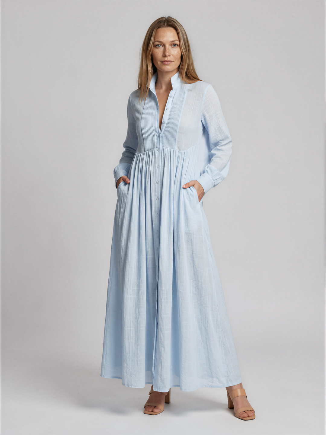 Maxi blousejurk dames met lange mouwen, lichtblauw - afbeelding 6