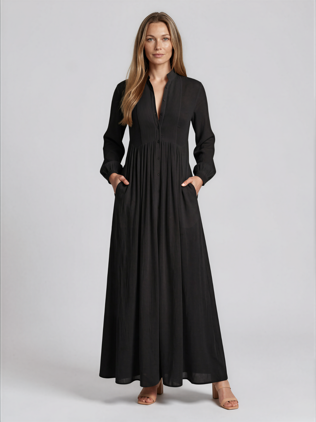 Maxi blousejurk dames met lange mouwen, zwart - afbeelding 7