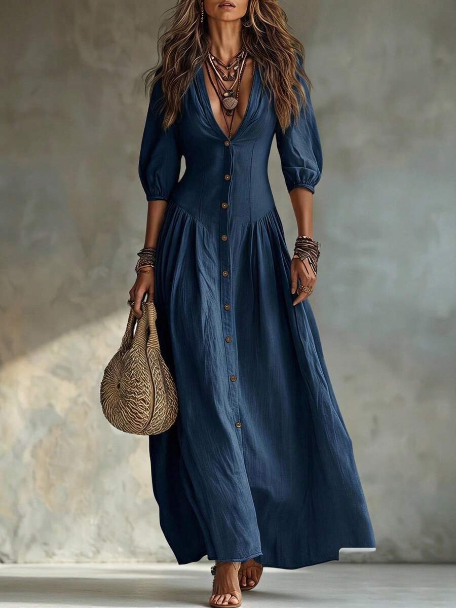 Maxi jurk dames met diepe v-hals, marineblauw - afbeelding 5