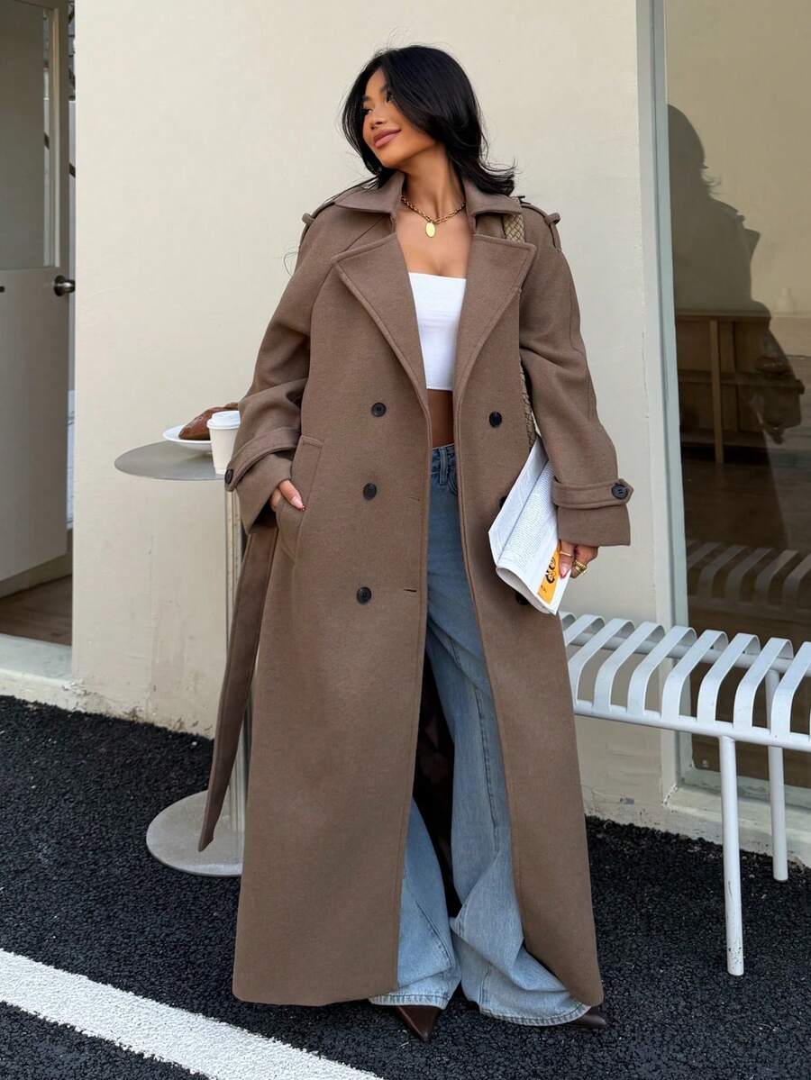 Maxi trenchcoat dames, bruin - afbeelding 1