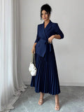 Geplooide midi jurk dames, Marineblauw - afbeelding 1