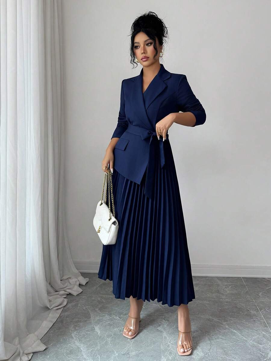 Geplooide midi jurk dames, Marineblauw - afbeelding 1