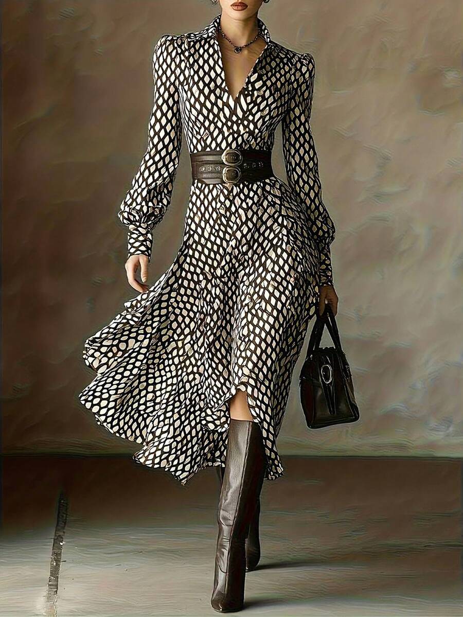 Midi jurk dames met ruitprint, Bruin-crème - afbeelding 1