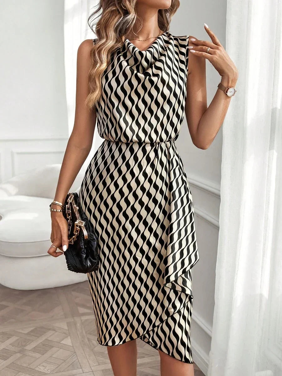 Geprinte midi jurk dames, Zwart - afbeelding 1