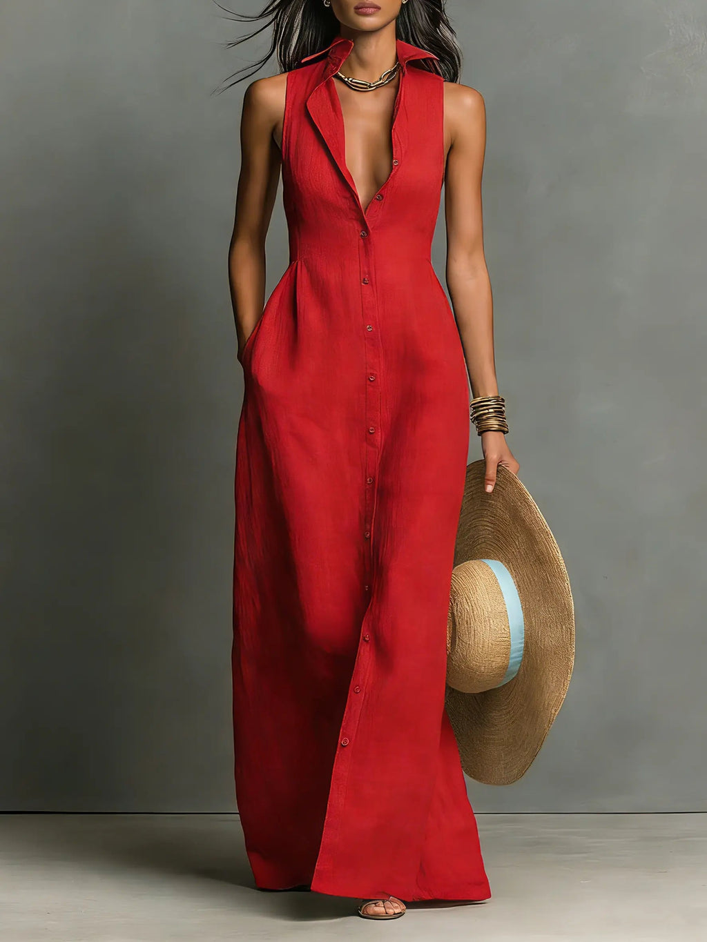 Mouwloze maxi blousejurk dames, rood - afbeelding 1