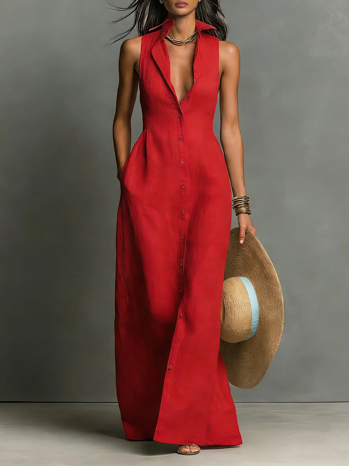 Mouwloze maxi blousejurk dames, rood - afbeelding 1