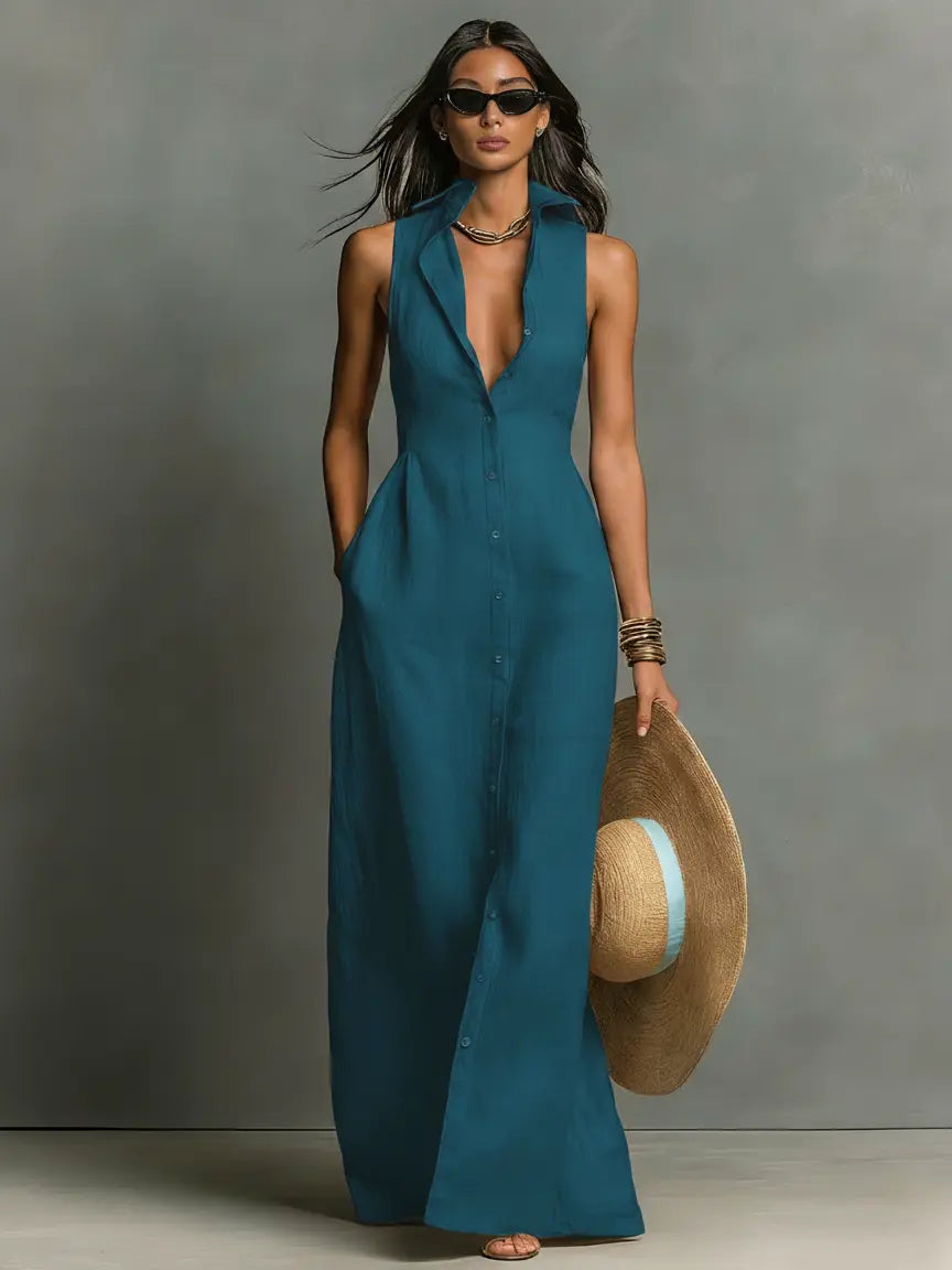 Mouwloze maxi blousejurk dames, petrolblauw - afbeelding 3
