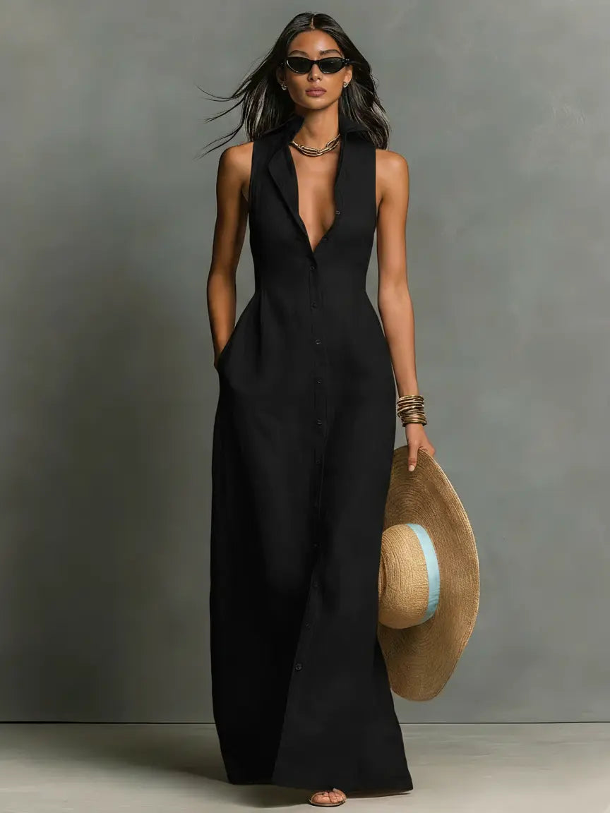 Mouwloze maxi blousejurk dames, zwart - afbeelding 4