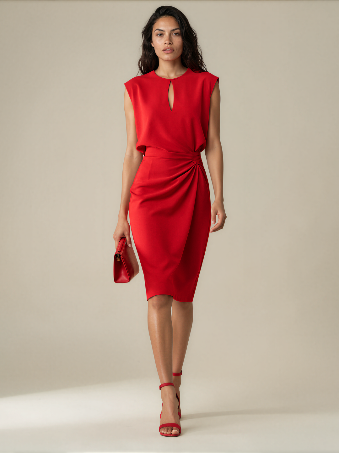 Mouwloze midi jurk dames met sleutelgat, rood - afbeelding 8