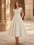 Off shoulder midi jurk dames met geplooide rok, crème - afbeelding 1