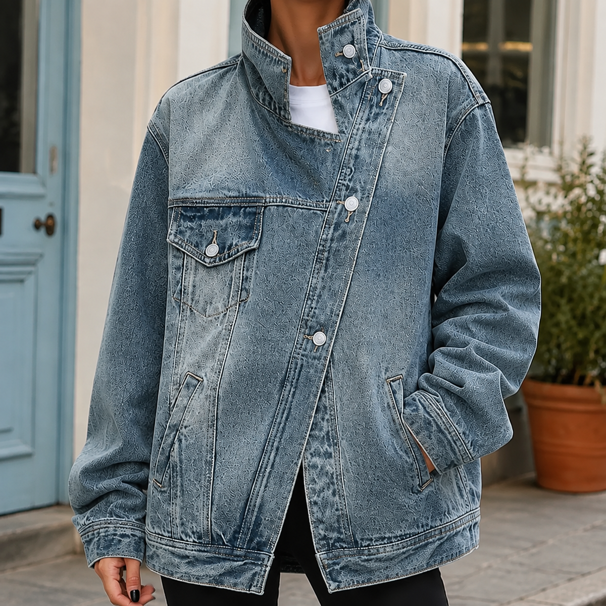 Oversized denim jas dames, denimblauw - afbeelding 1