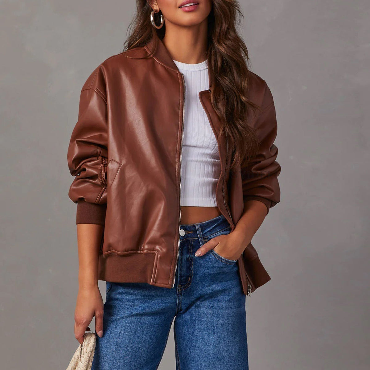 Oversized imitatieleren bomberjack dames, bruin - afbeelding 1
