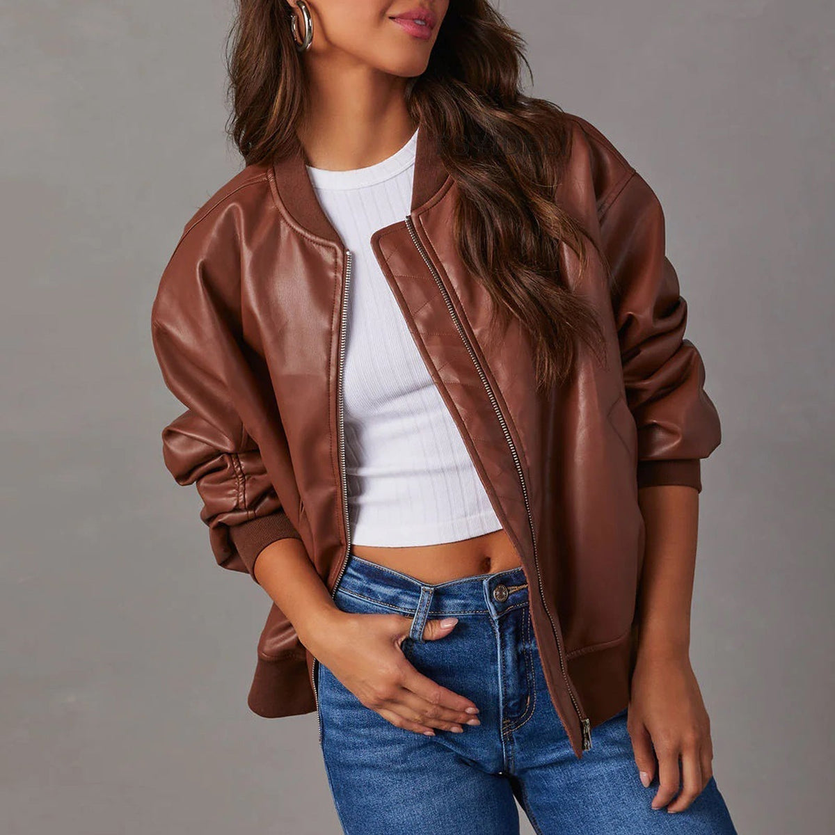 Oversized imitatieleren bomberjack dames - afbeelding 2