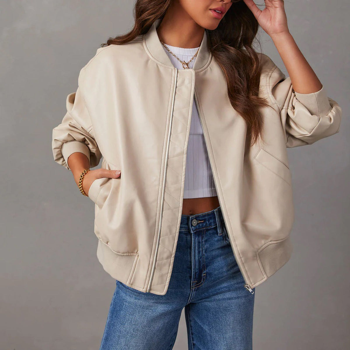 Oversized imitatieleren bomberjack dames, crème - afbeelding 4