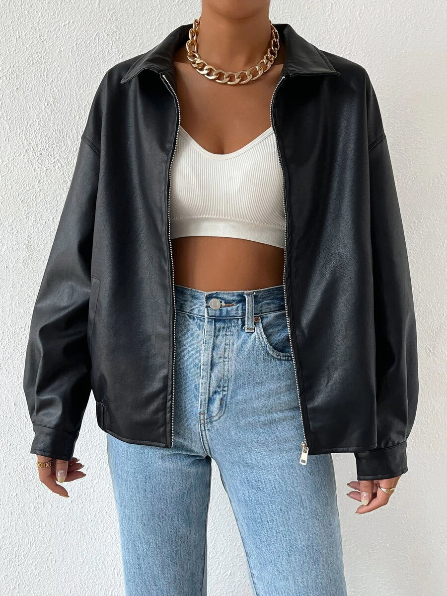 Oversized imitatieleren jas dames, zwart - afbeelding 1