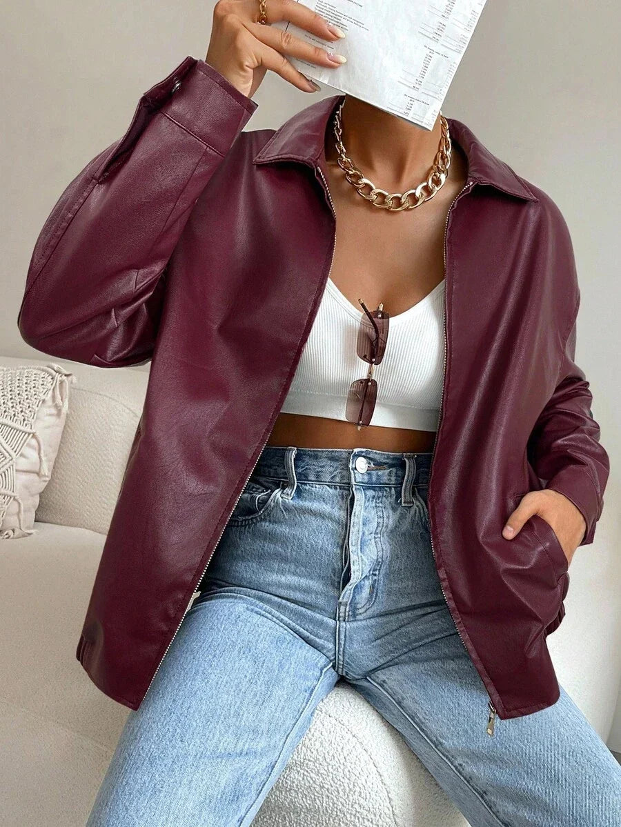 Oversized imitatieleren jas dames, bordeaux - afbeelding 12