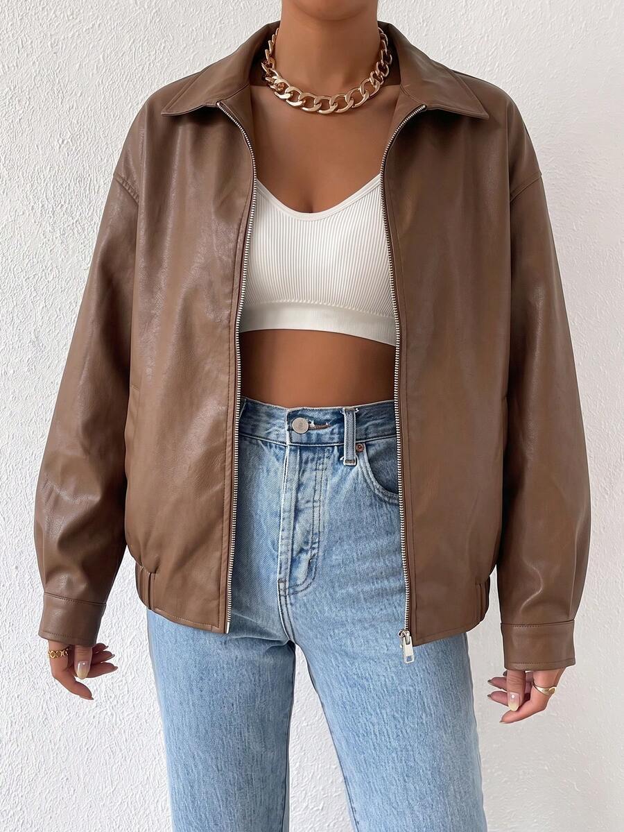 Oversized imitatieleren jas dames, camel - afbeelding 20