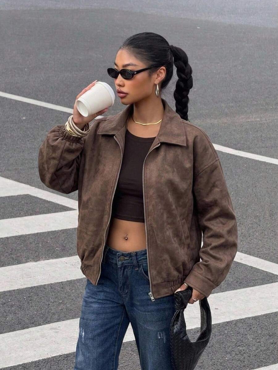 Oversized imitatieleren jas dames, koffiebruin - afbeelding 25
