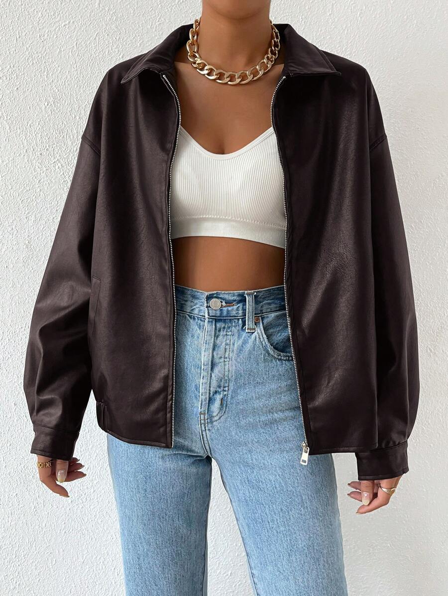 Oversized imitatieleren jas dames, donkerbruin - afbeelding 4