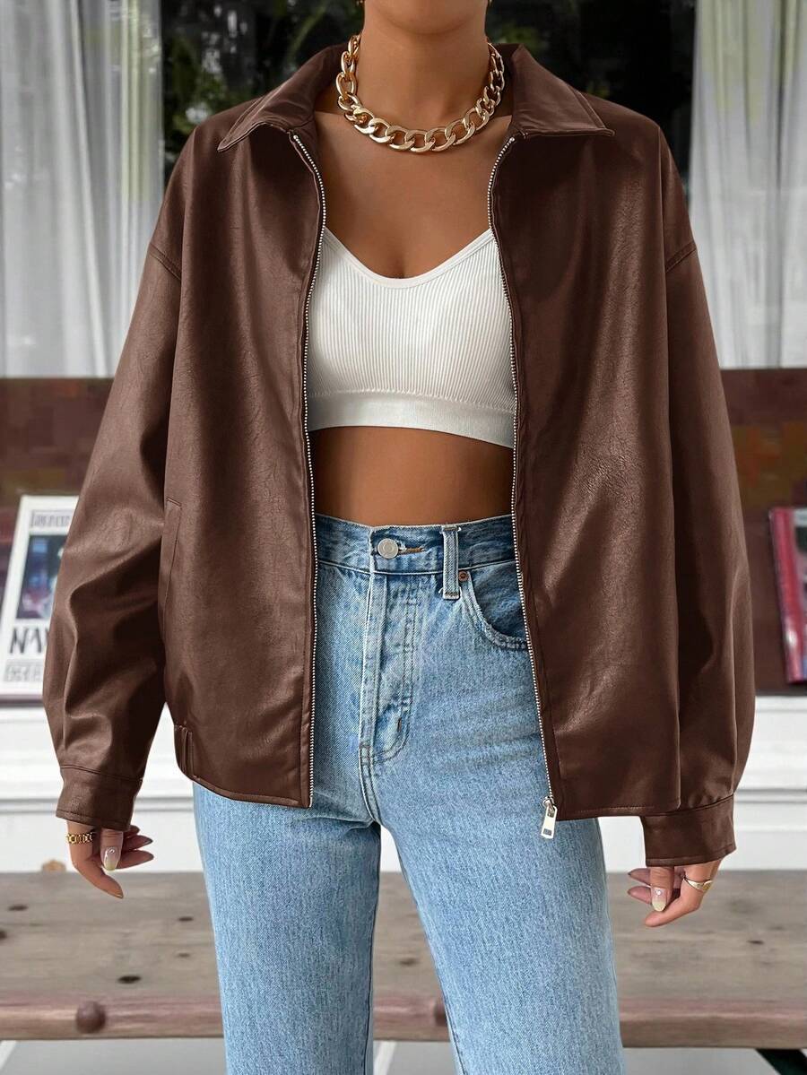 Oversized imitatieleren jas dames, bruin - afbeelding 8