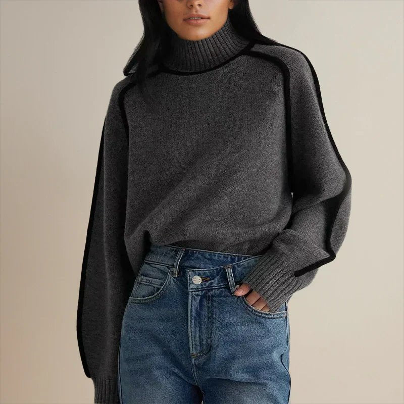 Oversized rolkraag trui dames met contrasterende bies, donkergrijs - afbeelding 1