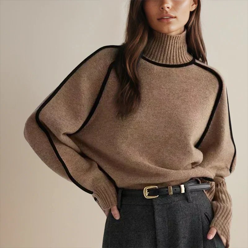 Oversized rolkraag trui dames met contrasterende bies, bruin - afbeelding 2