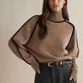 Oversized rolkraag trui dames met contrasterende bies, bruin - afbeelding 2