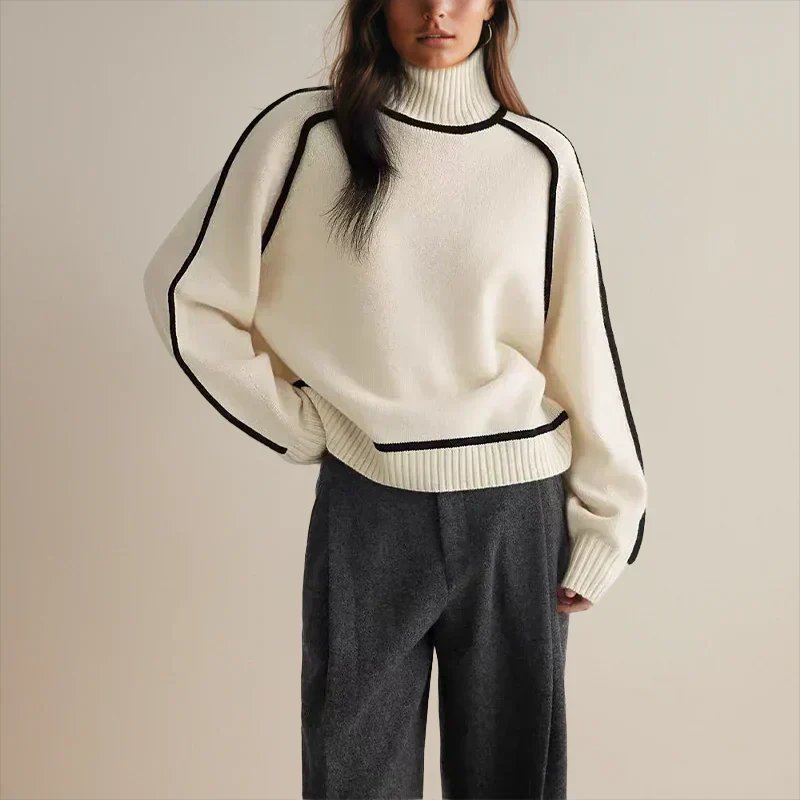 Oversized rolkraag trui dames met contrasterende bies - afbeelding 3