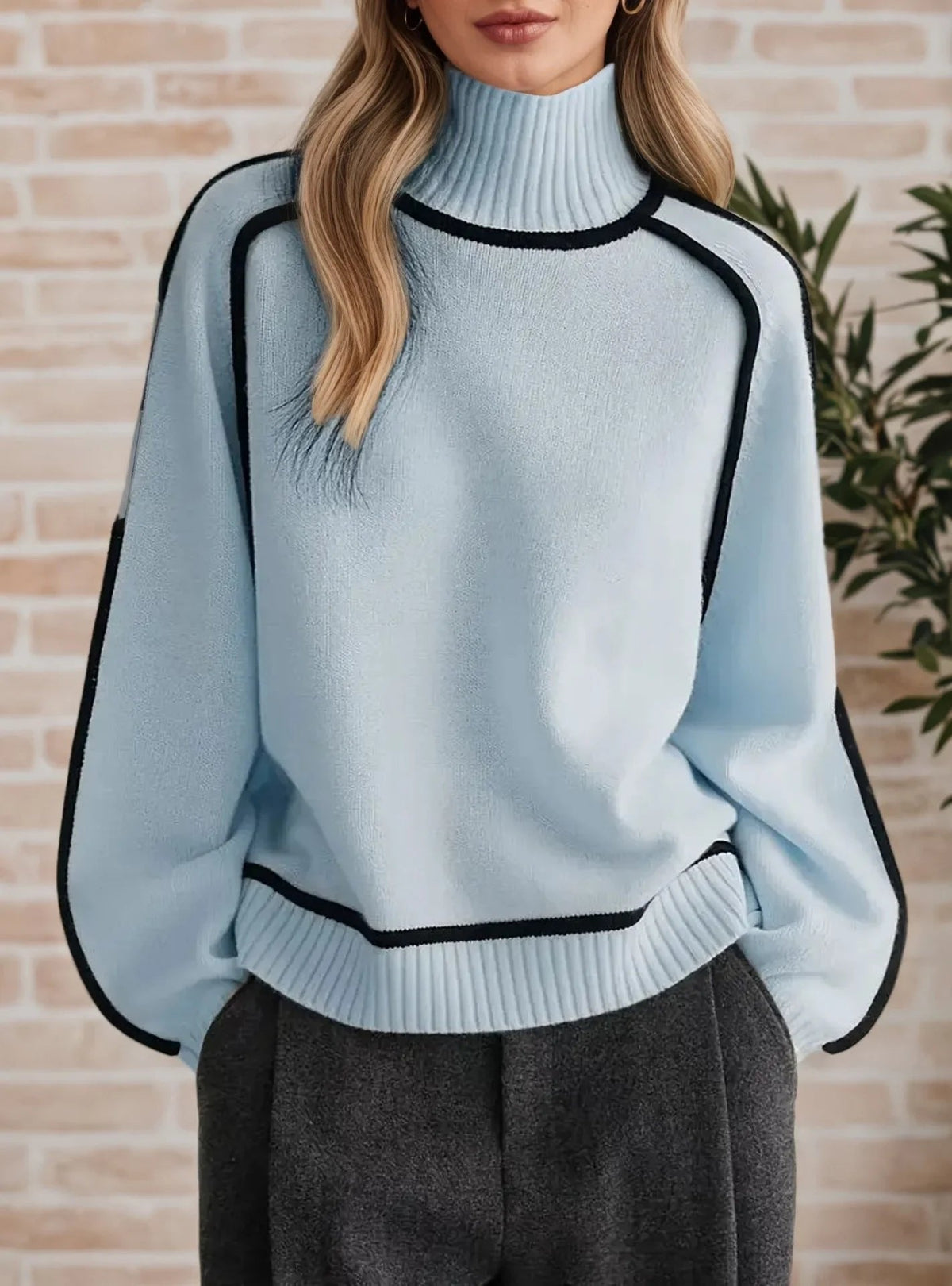 Oversized rolkraag trui dames met contrasterende bies, lichtblauw - afbeelding 4