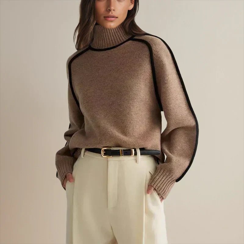 Oversized rolkraag trui dames met contrasterende bies - afbeelding 7