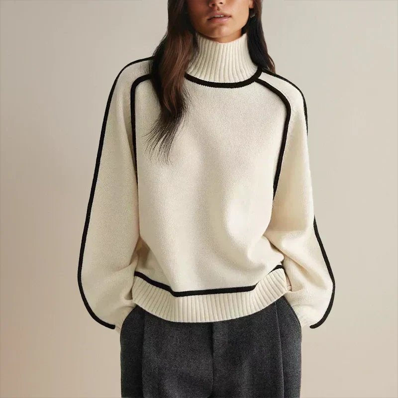 Oversized rolkraag trui dames met contrasterende bies, crème - afbeelding 8