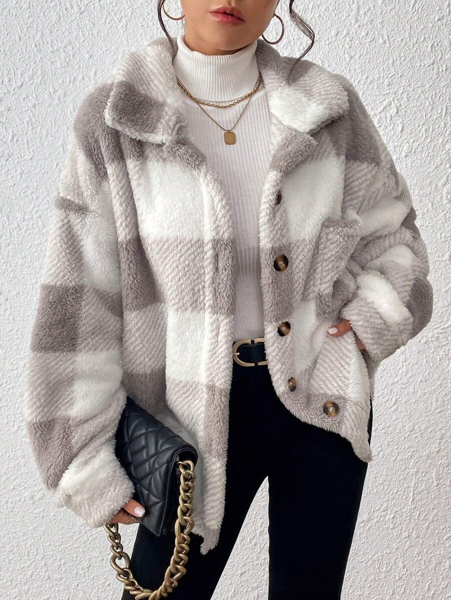 Oversized teddy shacket dames, Lichtgrijs - afbeelding 1
