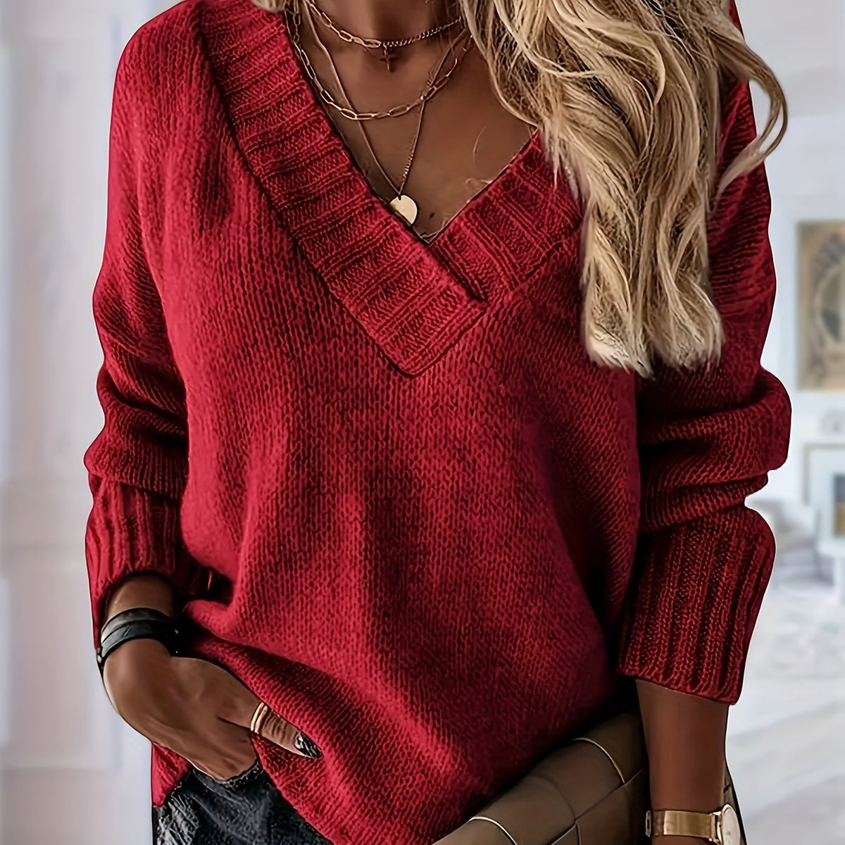 Oversized V-hals trui dames, rood - afbeelding 12