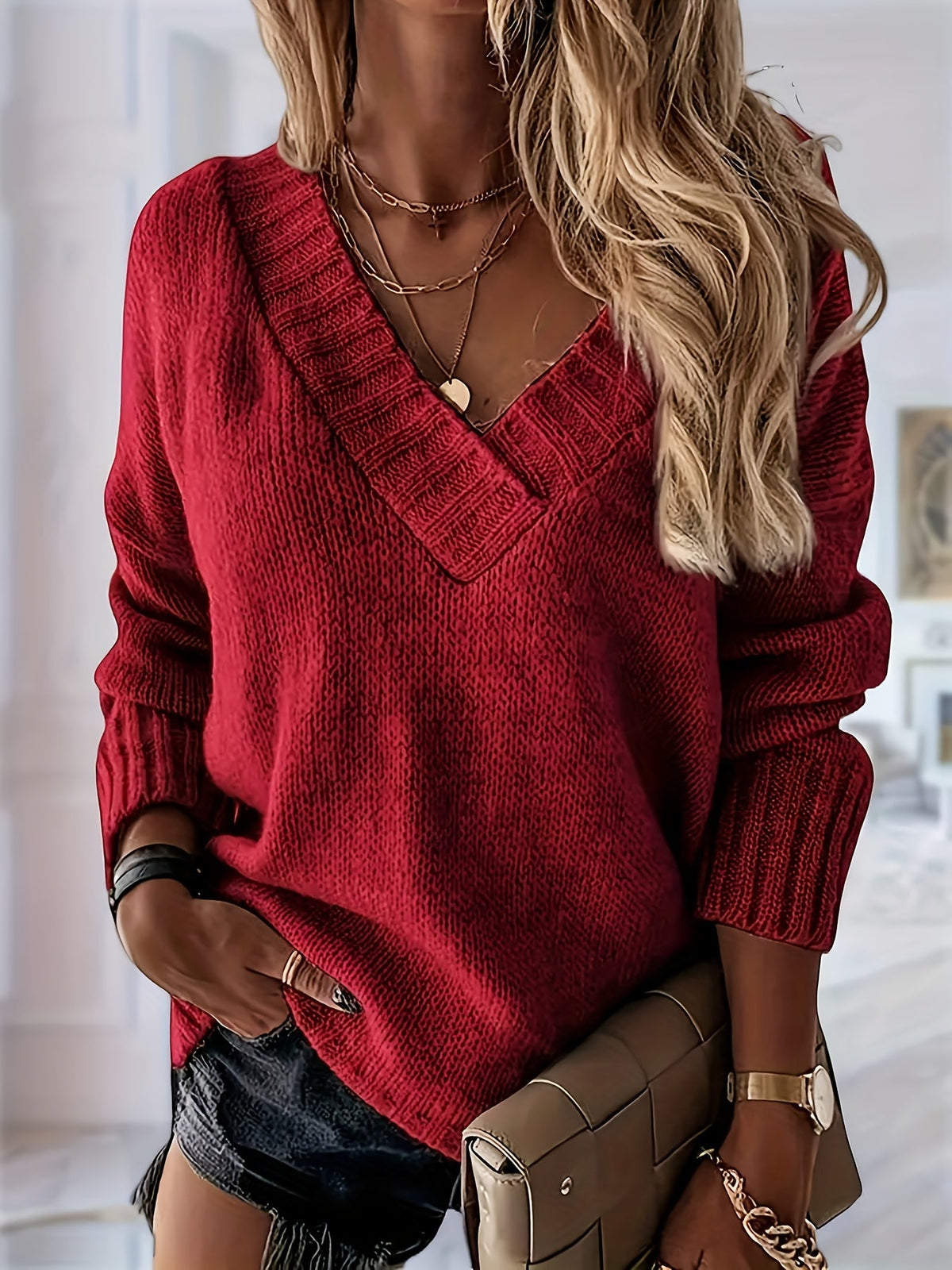Oversized V-hals trui dames - afbeelding 4