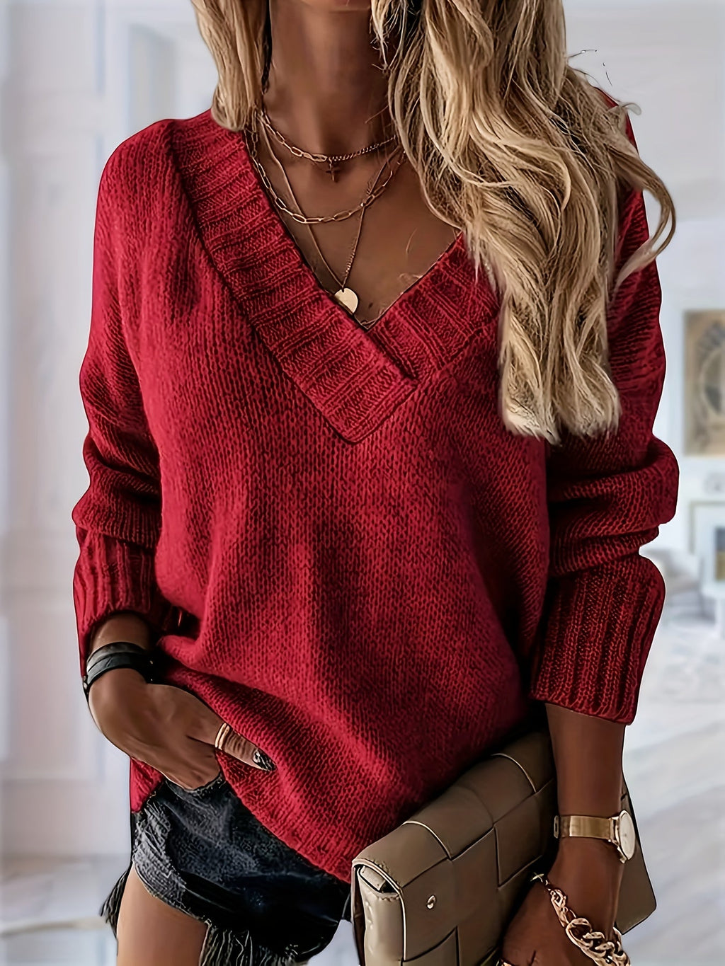 Oversized V-hals trui dames - afbeelding 5