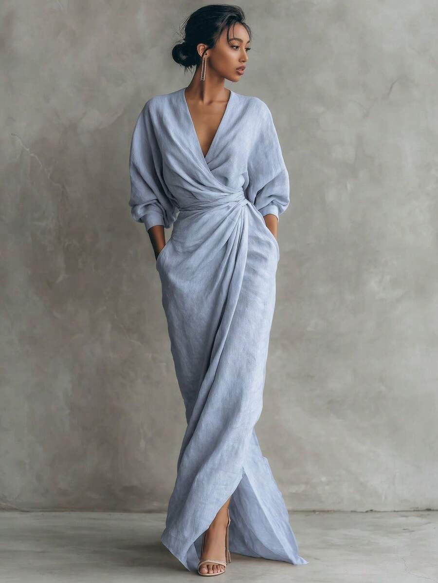 Overslag maxi jurk dames, Lichtblauw - afbeelding 1