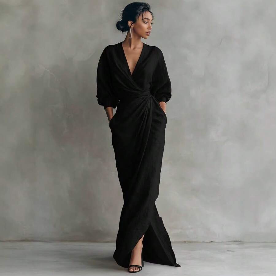 Overslag maxi jurk dames, Zwart - afbeelding 5