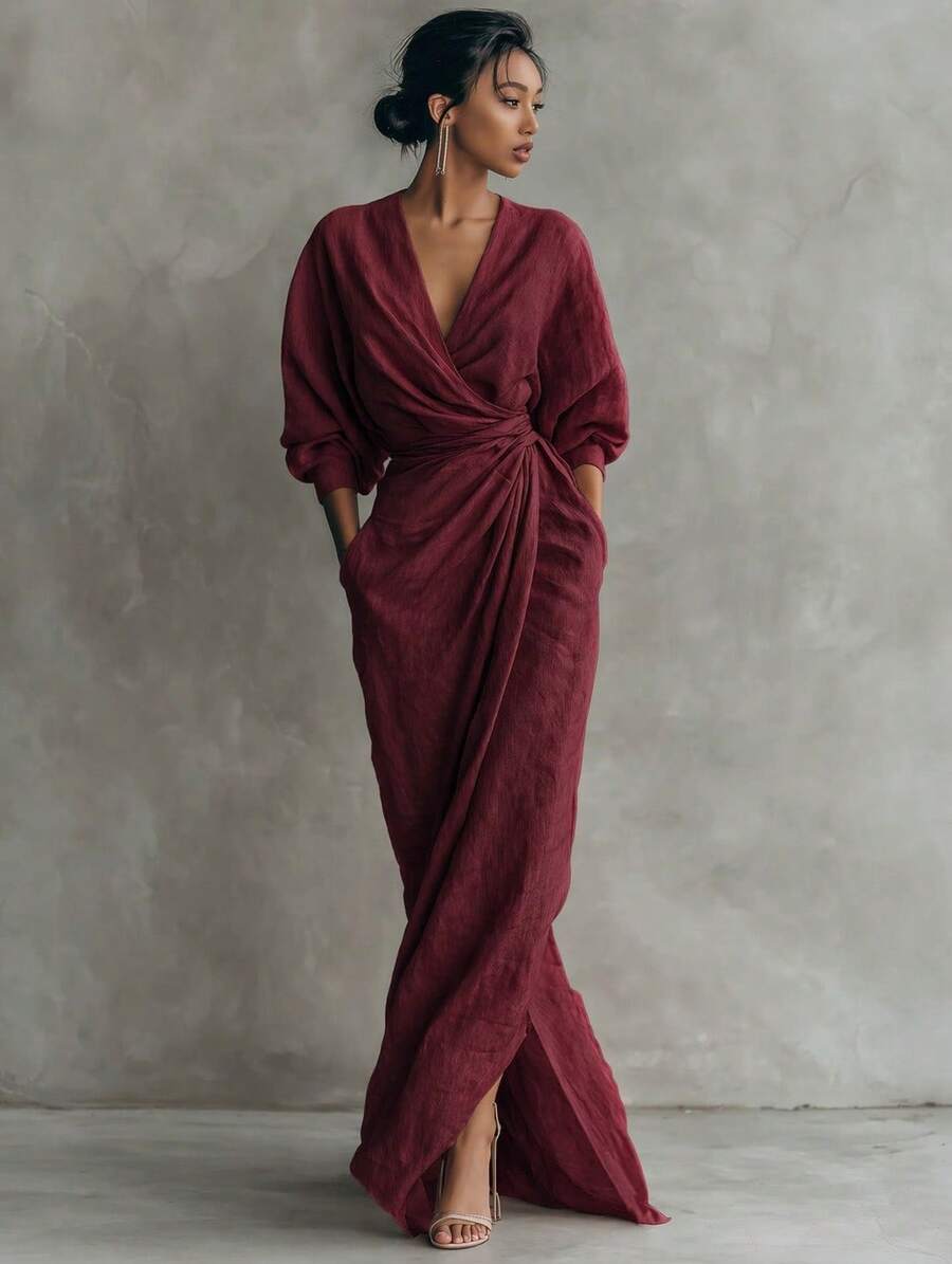 Overslag maxi jurk dames, Bordeaux - afbeelding 7
