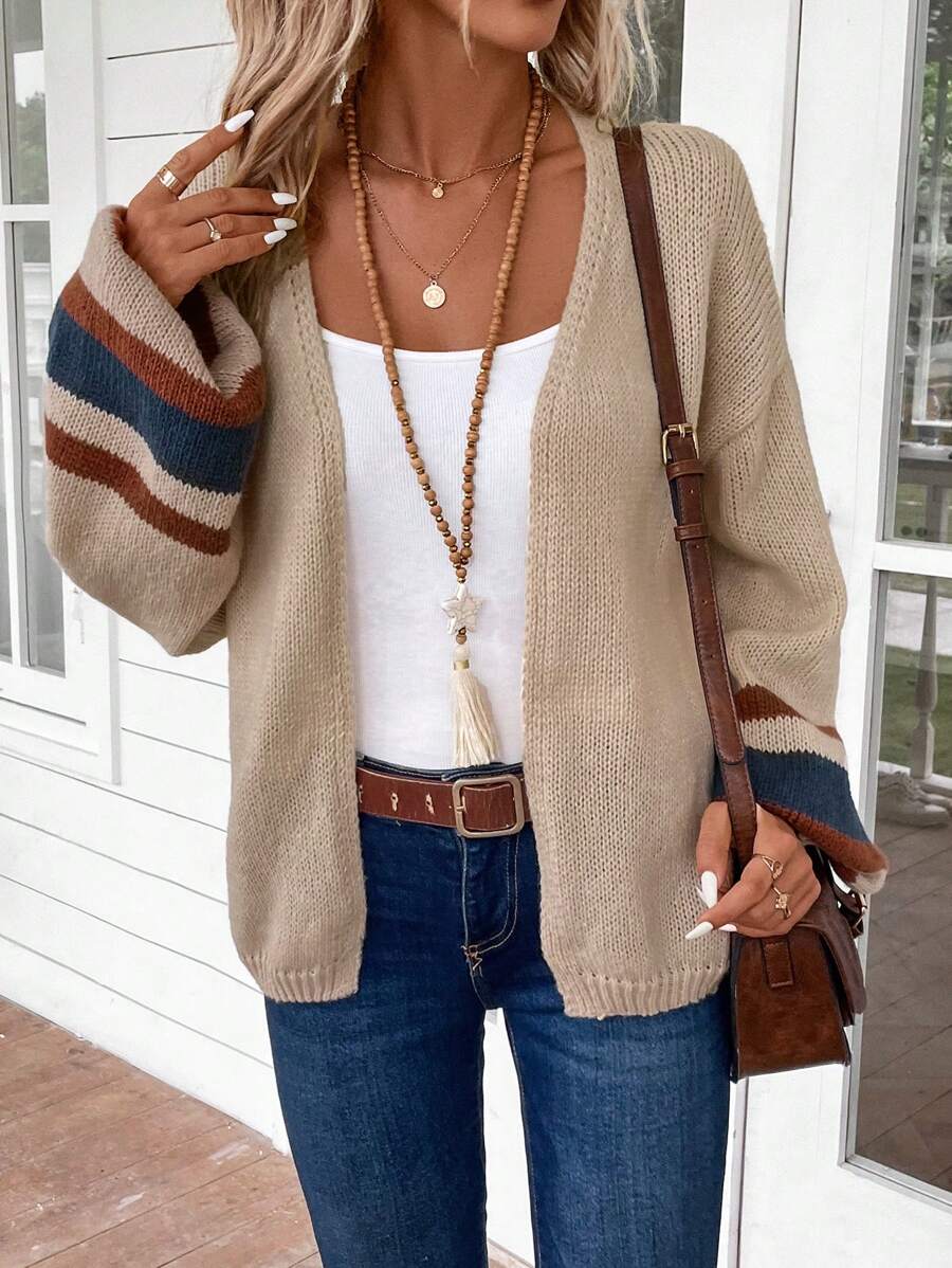 Ruime open cardigan dames met gestreepte mouwen, beige - afbeelding 1