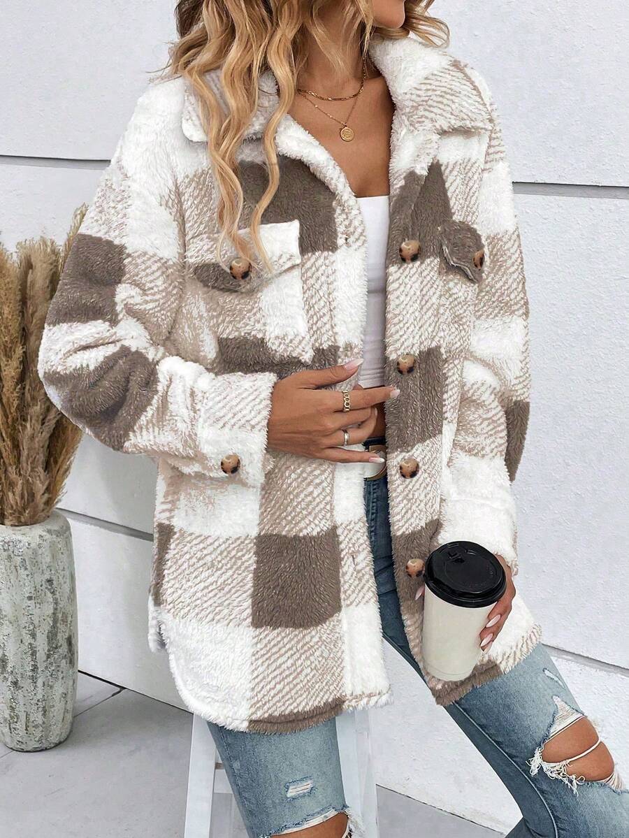 Ruime teddy shacket dames, taupe-wit - afbeelding 1