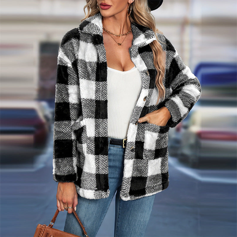 Teddy shacket dames, zwart-wit - afbeelding 1