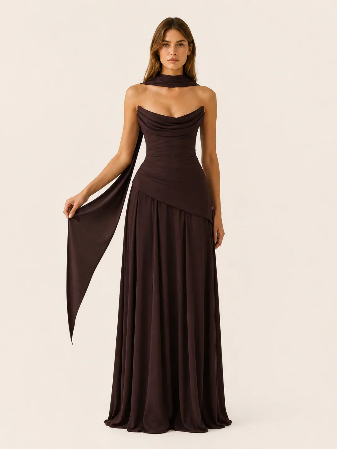 Strapless maxi jurk dames, bruin - afbeelding 8