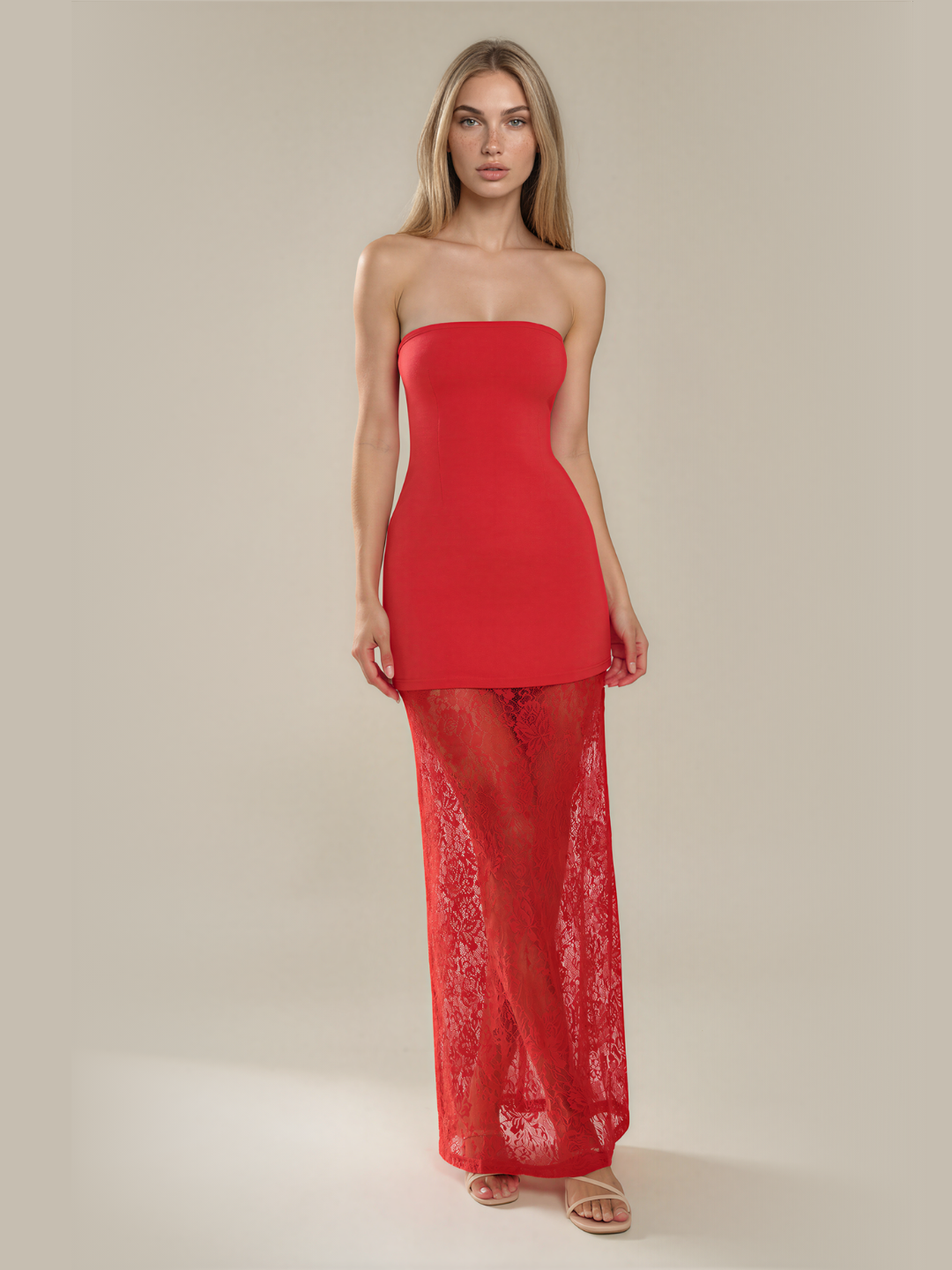Strapless maxi jurk dames met kanten rok, rood - afbeelding 7