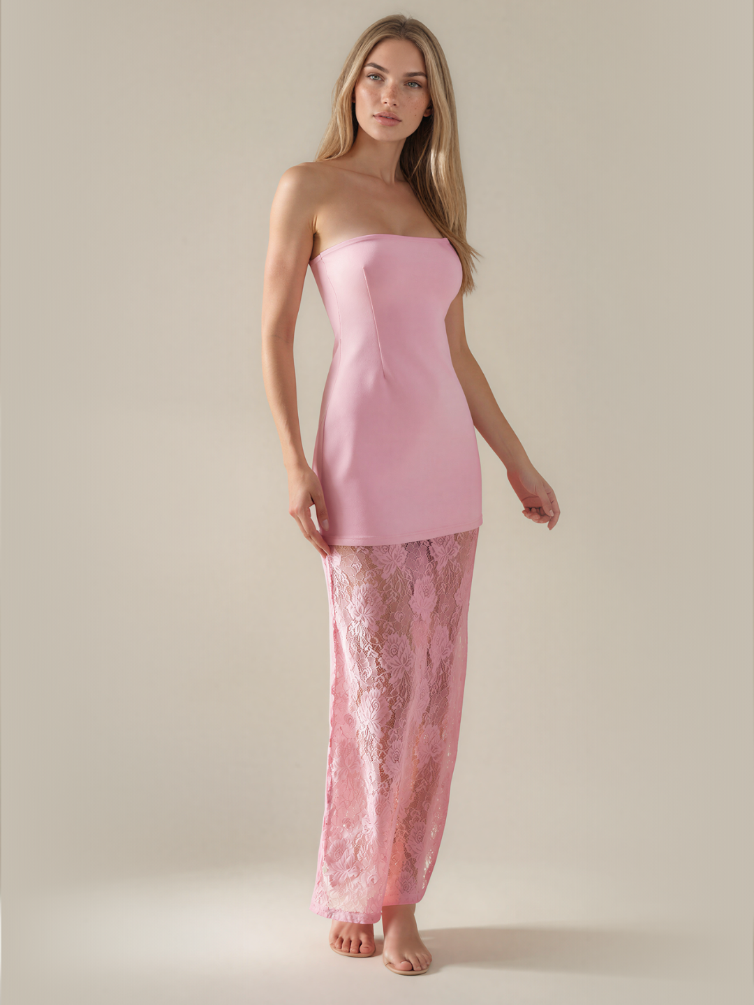 Strapless maxi jurk dames met kanten rok, roze - afbeelding 9
